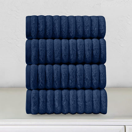 Elegant Comfort Luxury 100% Turkish Cotton Corduroy Ribbed 4 Pack Hand Towel Set 16 x 28 Inch - Absorbent, Super Soft, Quick Dry, Premium Towels for Bathroom, Gym, Spa and Hotel Use, Navy