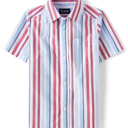The Children's Place Boys' Short Sleeve Button Down Shirt, Red White and Blue Stripe, X-Large