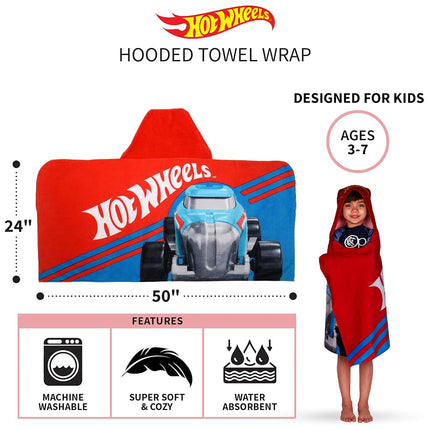 Hot Wheels Soft Cotton Bath/Pool/Beach Terry Hooded Towel Wrap, 24" x 50", by Franco Kids
