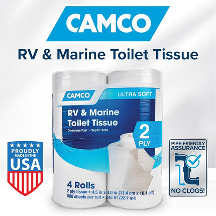 Camco Camper/RV Toilet Paper - 2-Ply - Septic Safe - Dissolves Fast - Dye & Fragrance Free - 16-Rolls (500 Sheets Per Roll) (40282)
