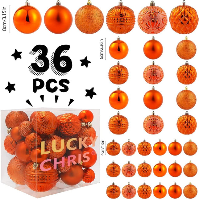 LUCKYCHRIS Christmas Ball Ornaments Copper Orange Christmas Tree Decorations with Hang Rope-36pcs Shatterproof Christmas Ornaments Set with 6 Styles in 3 Sizes(Small Medium Large)