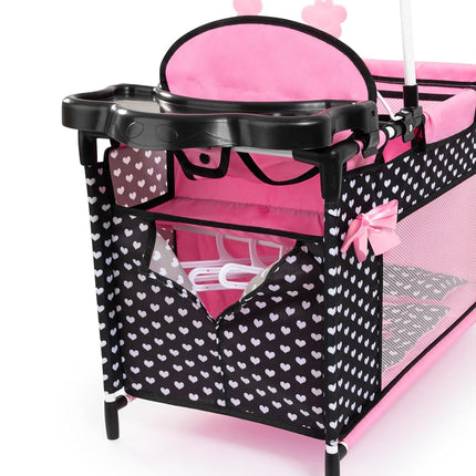 Doll bed with integrated high chair, changing table, mobile, black, pink