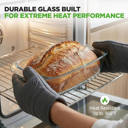 NutriChef 2 Sets Loaf Pan - 62.07oz Stackable Superior Premium Glass Meal-prep Food Container w/Airtight Locking Lid, BPA-Free Leakproof, Freezer-to-Oven-Safe, for Bread, Cake & Pastries