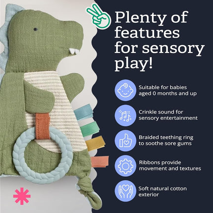 Itzy Ritzy - Bitzy Crinkle Sensory Toy Fox with Crinkle Sound for Babies & Toddlers - Features Soft Braided Teething Ring & Textured Ribbons, Designed for Ages 0 Months and Up, Dinosaur