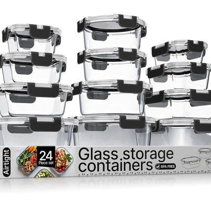 Bakken Récipients de conservation alimentaire en verre borosilicate avec couvercles, 24 pièces, sans BPA, empilables, passent au micro-ondes, au congélateur et au lave-vaisselle, 100 % hermétiques et anti-fuites, Noir