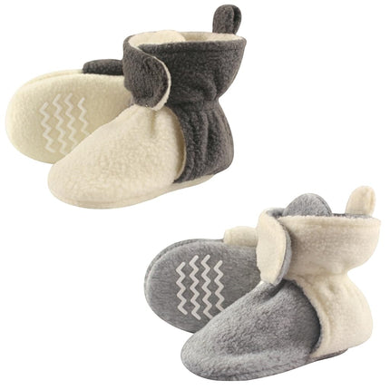 Hudson Baby Kids' Cozy Fleece Booties with Non Skid Bottom, 2 Pack, Cream/Gray, 2T