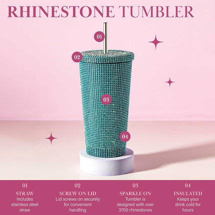 Paris Hilton Diamond Bling Water Tumbler with Lid and Straw, Vacuum Insulated Stainless Steel, Bedazzled with Over 3700 Rhinestones, 16.9-Ounce, Blue