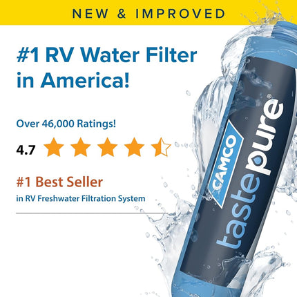 Camco TastePURE RV Inline Water Filter - Advanced with Flexible Hose Protector - GAC & KDF - Made in USA - Camping Essentials for Fresh Drinking Water (40043)
