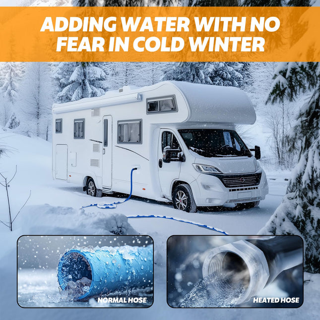 Heated RV Water Hose 15 ft with Fittings, Heated Water Hose with Energy Saving Thermostat, -45 ℉ Antifreeze Heated Garden Hose and Leakage Protector, RV Winter Accessories