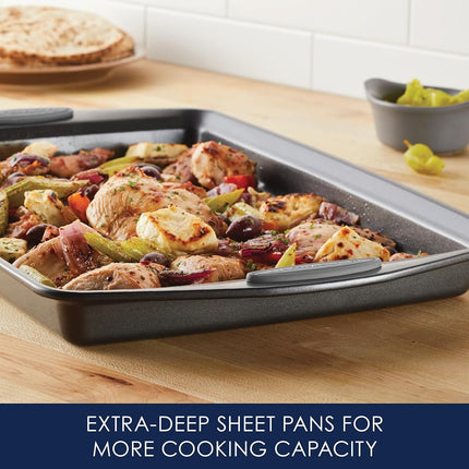 Juego de utensilios para horno antiadherentes Rachael Ray con mangos, bandejas para hornear galletas antiadherentes - 3 piezas, gris con mangos gris sal marina