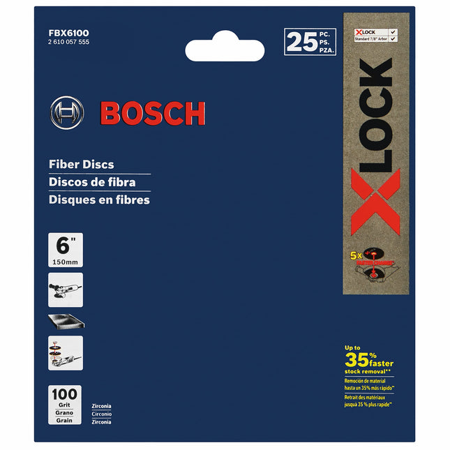 BOSCH FBX6100 25-Pack 6 In. X-LOCK Fine Grit Abrasive Fiber Discs 100 Grit Compatible with 7/8 In. Arbor for Applications in Metal Surface Finishing, Weld Blending, Rust Removal