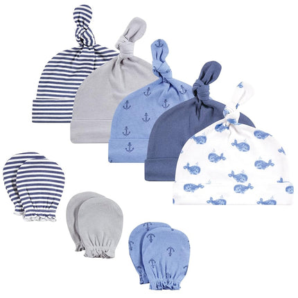 Gorro y mitones antiarañazos de algodón Hudson Baby para bebé unisex, ballena azul, 0-6 meses