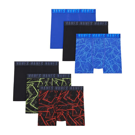 Hanes Big Moves Breathable Underwear, Performance Stretch Boxer Briefs for Boys, Moisture-Wicking, 6-Pk, Blue/Black/Red/Lime Print, Blue/Black/Red/Lime Print, Large