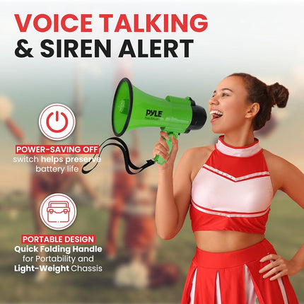 Pyle 30W Megaphone Bullhorn Speaker – Portable Handheld PA System with Siren Alarm & Voice Mode, Adjustable Volume, Battery Powered Loudspeaker with 730m Range – Green