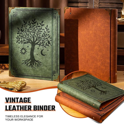 Ovesmusl Leather 3 Ring Binder Fits 8.5"x11" Letter Size Paper, 1.5 Inch Round Ring Binder Holds 350 Sheets, Notepad Paper Cover Loose Leaf Organizer, Green Tree