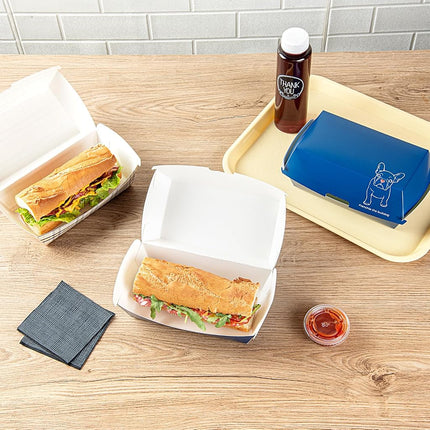 Bio Tek 6.7 x 3.5 x 3.5 Inch Clamshell Food Containers, 100 Disposable Sandwich Containers - Hinged Lid, Tab-Lock Closure, Frenchie Paper Hot Dog Containers, Greaseproof - Restaurantware