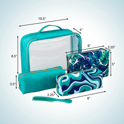 Conair 5 Piece Toiletry and Cosmetic Bag Set Under $30, Includes 4 Makeup Bags and 1 Travel Comb in Teal Palm Prints