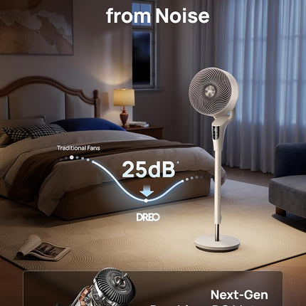 DREO Fan for Bedroom, 90° Oscillating Standing Fan, 20dB Quiet, 90ft Pedestal Fans for Room Office, DC Motor, 8+H Speeds, 3 Modes, 38-42'' Adjustable Height, Remote, 8H Timer, 105° Manual Vertical