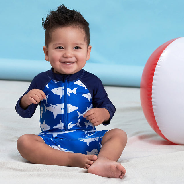 Maillot de bain anti-UV une pièce à manches longues Gerber pour tout-petits garçons, Requins bleus et blancs, 3-6 mois