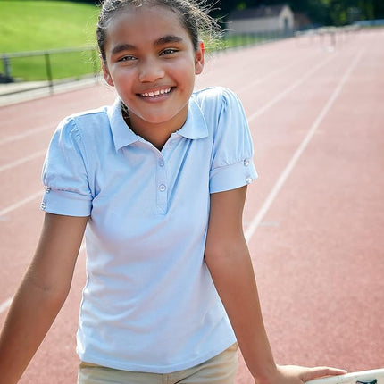 French Toast girlsSA9432Puff-sleeve Polo School Uniform Polo Shirt - Blue - X-L