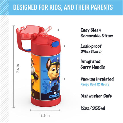 Thermos FUNTAINER Water Bottle with Straw - 12 Ounce, Paw Patrol - Kids Stainless Steel Vacuum Insulated Water Bottle with Lid