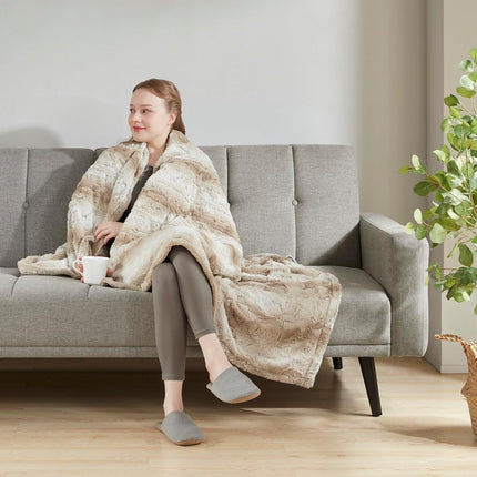 Beautyrest Zuri Reversible Faux Fur to Mink Electric Blanket, Auto Shut Off, Virtually Zero EMF, Multi Heat Setting, UL Certified, Machine Washable, Sand Tip Dye Throw 50x70