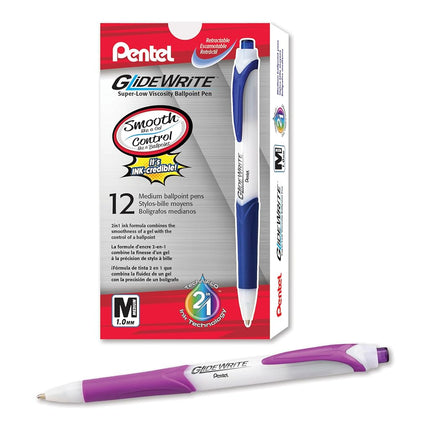 Pentel GlideWrite Ballpoint Pen with TechniFlo Ink, (1.0mm) Medium Line, Magenta Ink, Box of 12 Pens (BX910-V4)