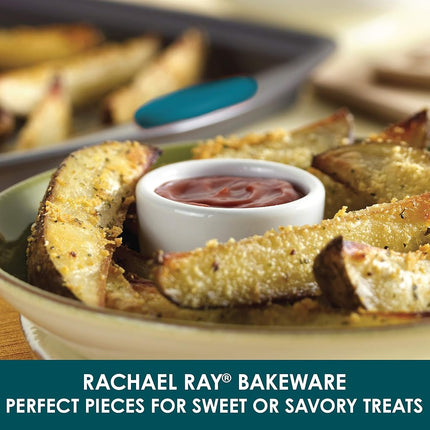 Batterie de cuisson antiadhésive Rachael Ray avec poignées comprenant des moules à pain/cuisson antiadhésifs, une plaque à biscuits/cuisson et des moules à gâteau - 10 pièces, gris avec poignées bleu marine