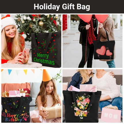 Segarty Black Canvas Tote, 6 Packs 16x15 inch Canvas Bags with Zipper, 12Oz Heavy Duty Canvas Reusable Grocery Shopping Bags, Plain Bag for Women Crafts Painting Embroidery, Gift Bags Bulk