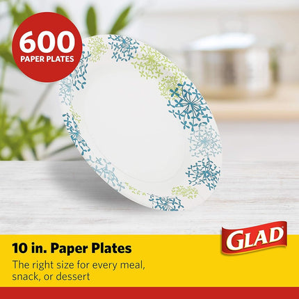 Glad Round Disposable Paper Plates for All Occasions | Soak Proof, Cut Proof, Microwaveable Heavy Duty Disposable Plates | 10" Diameter, 600 Count Bulk Paper Plates,Blue,White