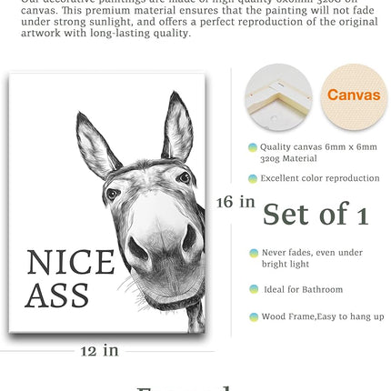 UPWOIGH Funny Bathroom Wall Art Decor, Black and White Donkey Wall Art, Waterproof Wood Framed Canvas Wall Art Animals Abstract Prints, 12x16in High-end Pictures for Dormitory Kids Room 1 Pack