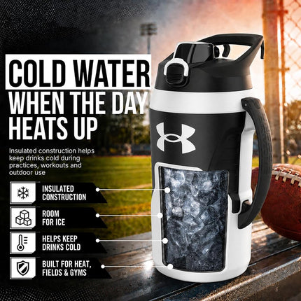Under Armour 64oz Insulated Water Bottle with Handle, Foam Insulated & Leak Resistant, Sports Water Jug, Fence Hook, Dishwasher Safe, Black / Pitch Gray, for Baseball, Football & More