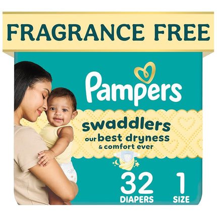 Pampers Swaddlers Diapers, Size 1 (8-14 lbs), 32 Count, Absorbent, Keeps Baby Dry and Comfortable, Skin Safe Disposable Baby Diaper (Packaging May Vary)