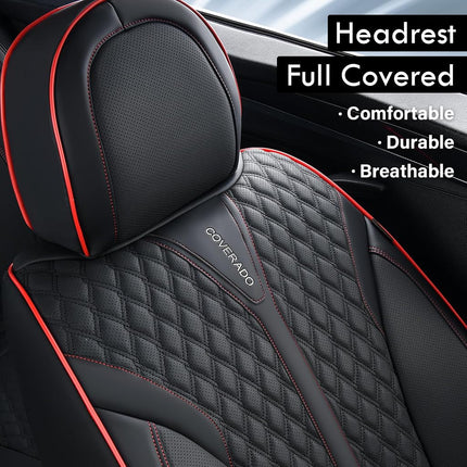 Coverado Car Seat Covers Full Set, Nappa Leather Seat Covers for Cars, Waterproof Front Seat Covers and Back Seat Covers, Car Seat Protector, Car Seat Cover Universal Fit for Most Cars, Black&Red