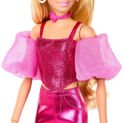 Barbie Deluxe Style Doll #5 in Metallic Pink Outfit, Blonde Hair, Sparkly Corset Top and Shiny Pants with Accessories like Rose Necklace and Handbag, JFP40