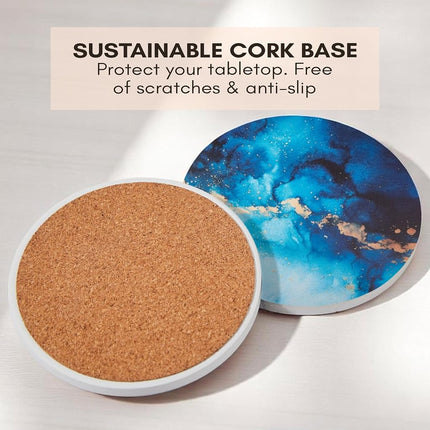 Absorbent Coaster Set of 6 with Holder, Drink Coasters for Coffee Table, Kitchen, Home Decor, Cute Ceramic Round Coasters, Alternative to Silicone, Cork or Glass Coaster (Sapphire)