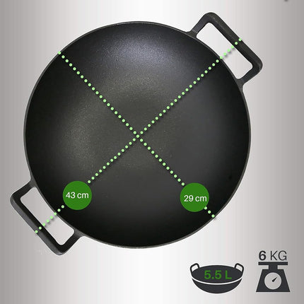 Nutrichef Pre-Seasoned Cast Iron Pan-5.5L Heavy Duty Non-Stick Chinese Wok or Stir Fry Skillet w/Wooden Lid, for Electric Stove Top, Induction, Large, Black