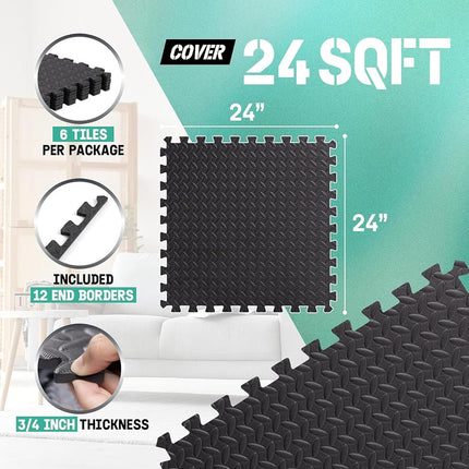 Foam - EVA Interlocking Mats - Black - 3/10.2 cm Thickness, 24 Square Feet