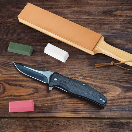ANGERSTONE Double Side Leather Strop for Knife Sharpening - 14''x 2'' Stropping Block Kit with Polishing Compound, Ergonomic Handle Honing Knives, Woodworking Chisels White,Green