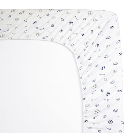 American Baby Company Printed 100% Cotton Jersey Knit Fitted Crib Sheet for Standard Crib and Toddler Mattresses, Navy/Grey Sports, for Boys and Girls, 52x28x9 Inch (Pack of 1)