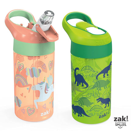 Zak Designs Kids Water Bottle with Spout Cover and Built-in Carrying Loop, Made of Durable Plastic, Leak-Proof Water Bottle Design for Travel (16 oz, Unicorn & Dino Camo, Pack of 2)