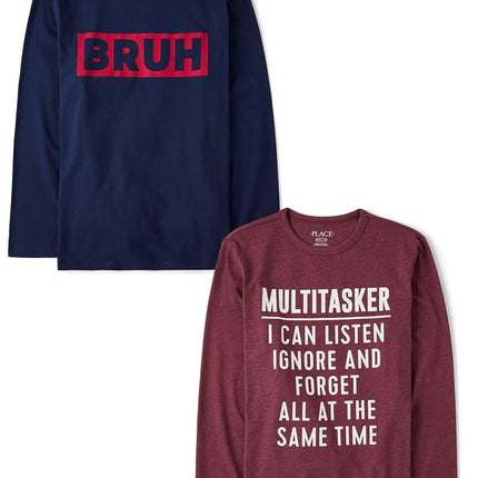 The Children's Place Boys' Assorted Everyday Long Sleeve Graphic T-Shirts,multipacks, Bruh/Multitasker 2-Pack, X-Small
