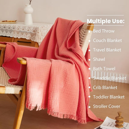 Simple&Opulence Jeté de lit en mousseline de coton 4 couches pour lit et canapé Couverture en gaze tissée avec pompons Douce Légère Confortable Prélavée Respirante Décoration de ferme pour toutes les saisons
