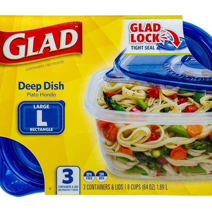 Glad GladWare Deep Dish Food Storage Containers Lock Tight Seal, BPA Free Large Rectangle Plastic Containers Hold Up to 64 Ounces of Food, 3 Count Set | Includes 3 Containers and Lids