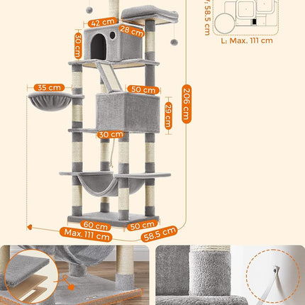 FEANDREA Cat Tree, 206 cm Large Cat Tower with 13 Scratching Posts, 2 Perches, 2 Caves, 1 Scratching Ramp, Basket, Hammock, Pompoms, Multi-Level Plush Cat Condo for Indoor Cats, Light Gray