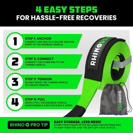 Rhino USA Recovery Tow Strap (7.6cm x 6.1m) - 13,600kg Heavy Duty Towing