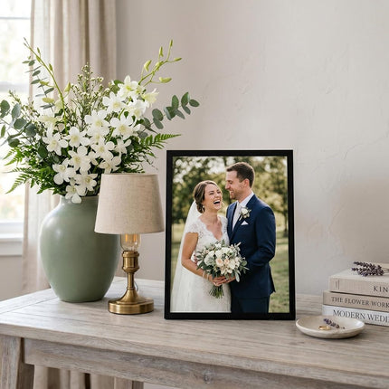 Americanflat 9x12 Picture Frame with Shatter-Resistant Glass - Streamline Collection - Thin Border Photo Frame for Tabletop and Wall Display - Hanging Hardware and Easel Stand Included - Black