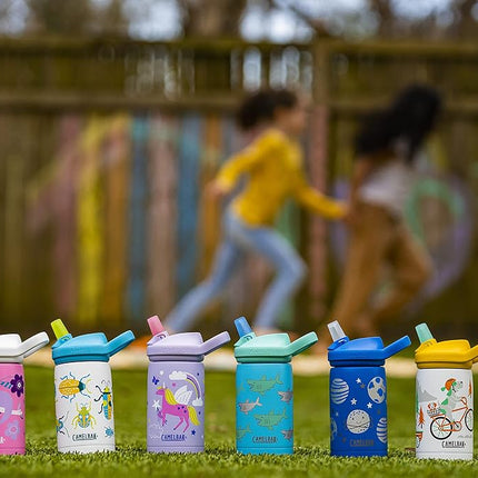 CamelBak Eddy+ Niños Válvula de Mordida con Popote Botella de Agua Aislada de Acero Inoxidable Unicornios Mágicos, 12oz