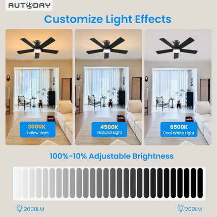 Autoday 42 Inch Low Profile Ceiling Fan with Light, Black Flush Mount Ceiling Fans with Lights and Remote, 6 Speeds, Reversible Quiet DC, 3CCT Dimmable, Indoor/Outdoor Ceiling Fans for Patios Bedroom