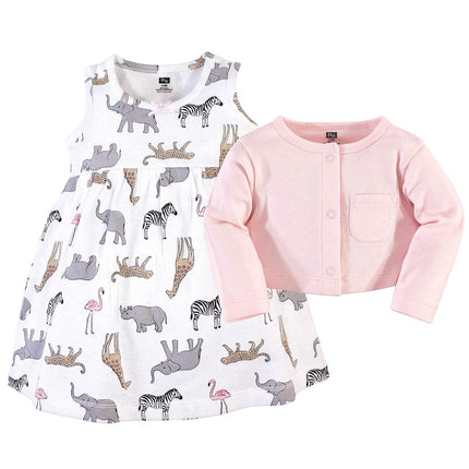 Hudson Baby Girls' Cotton Dress and Cardigan Set, Modern Pink Safari, 3T
